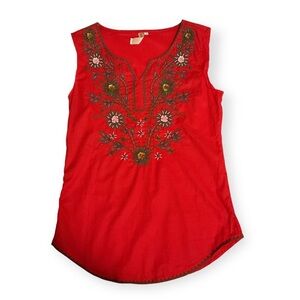 Women’s Cotton Red Embroidered Floral Shirt EUC